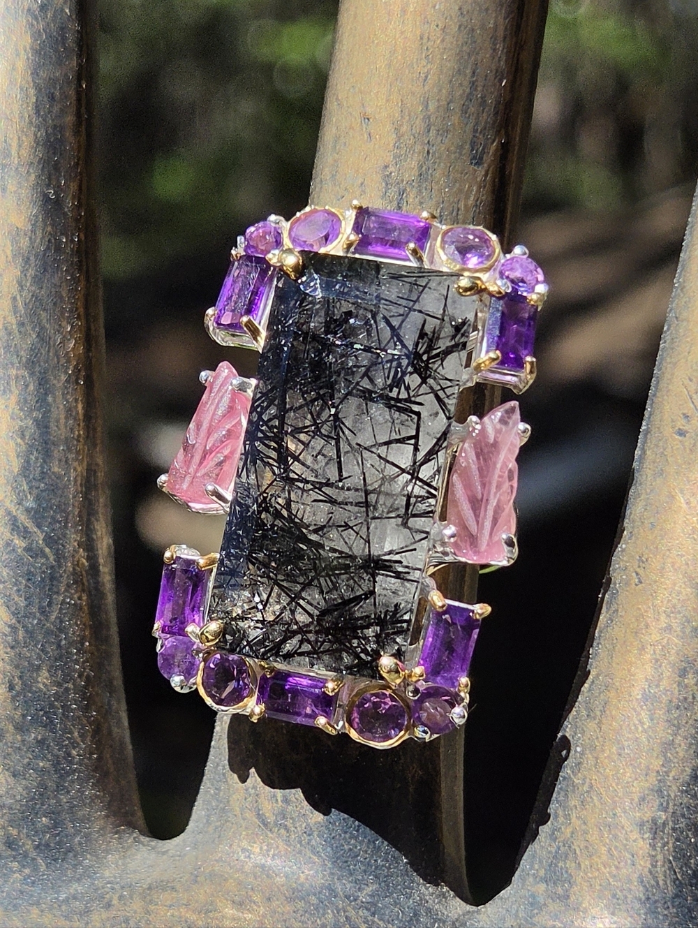 Rutilated 35k Quarts Amethyst & Tourmaline Cocktail Sterling &gold Ring Sz8 - Picture 4 of 8